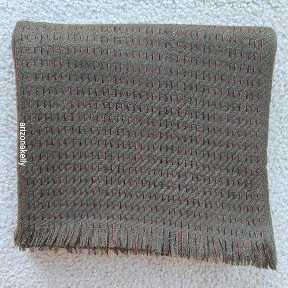 Accessories - NWOT Cashmere Woven Scarf Olive Green With Black + Orange Weave Detail